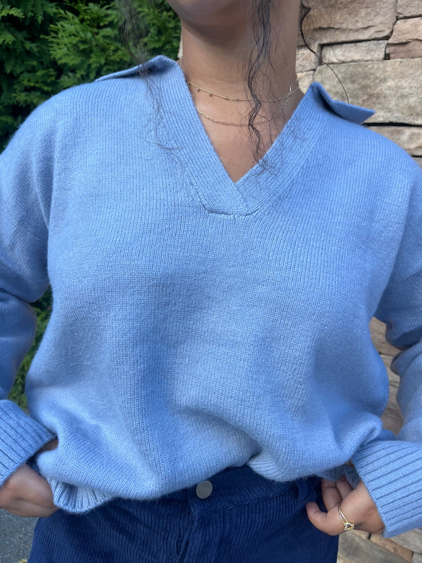 V-Neck Collared Sweater - Light Blue