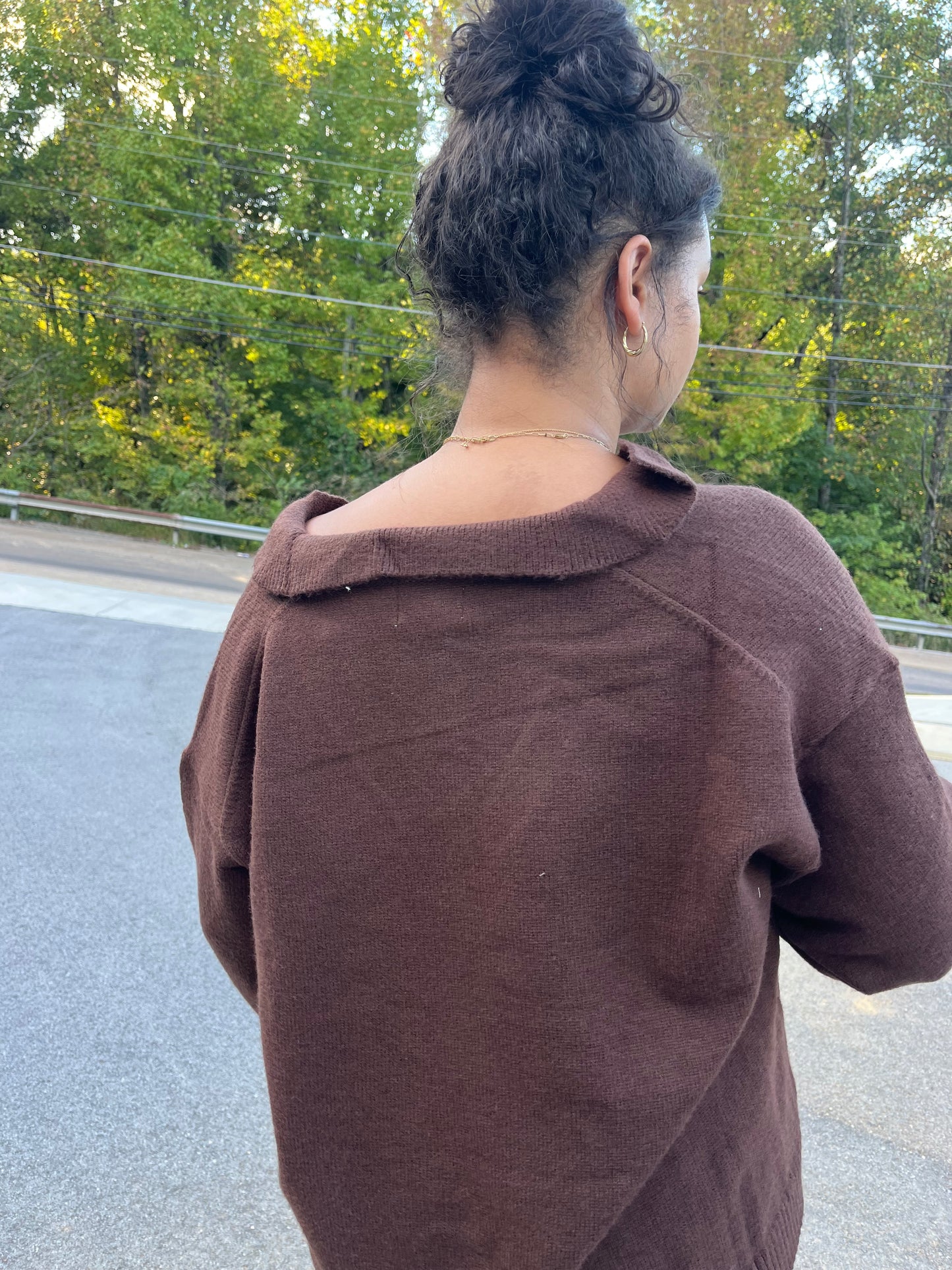 V-Neck Collared Sweater - Chocolate Brown