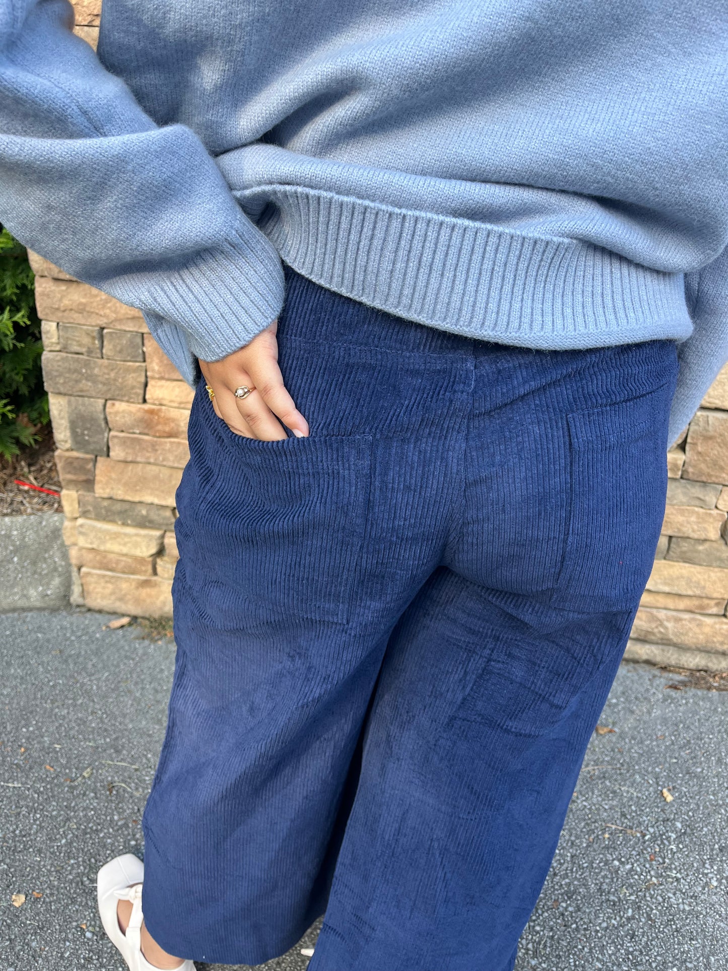 Corduroy Ankle Wide Leg Pants - Navy