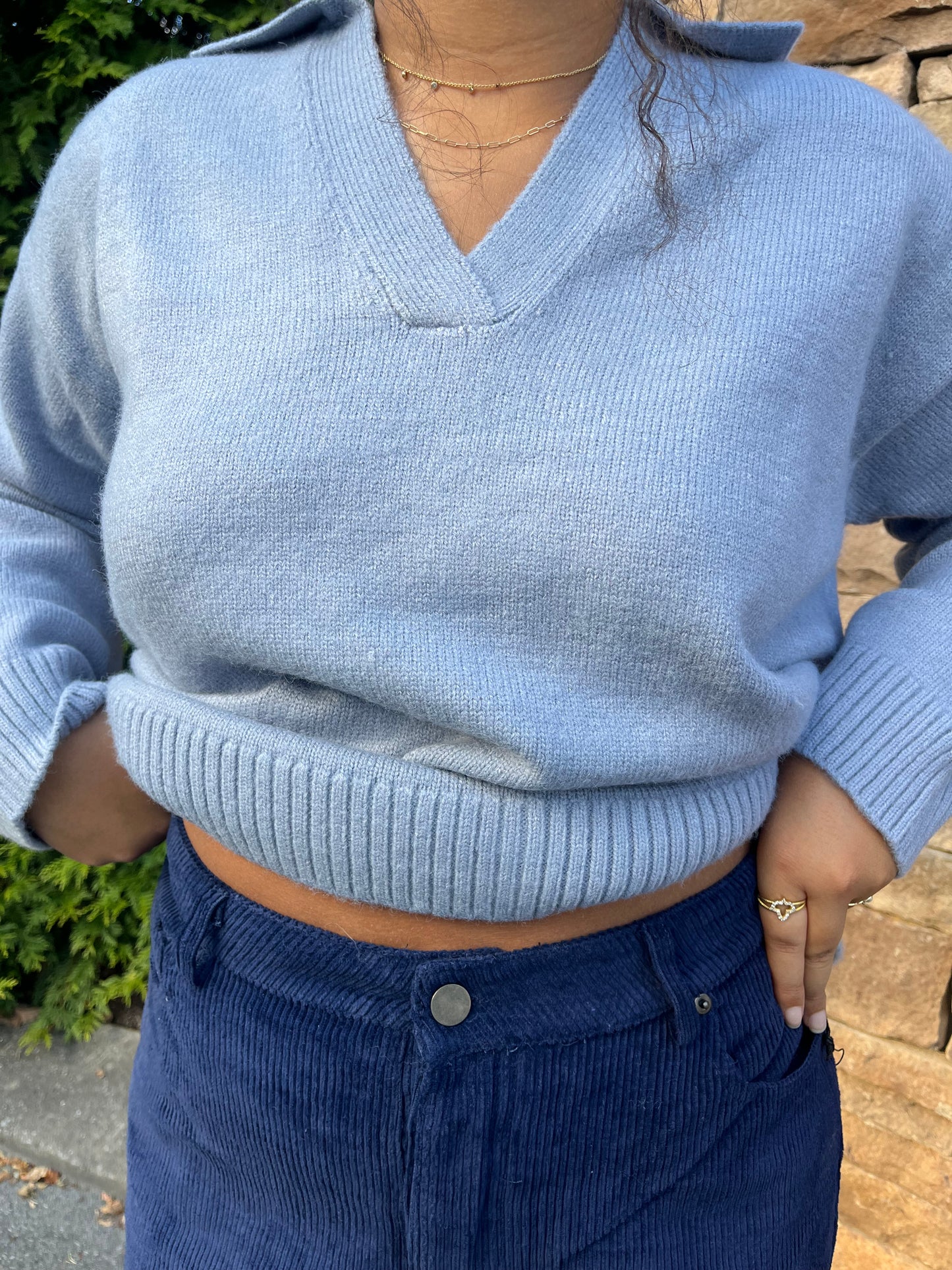 V-Neck Collared Sweater - Light Blue
