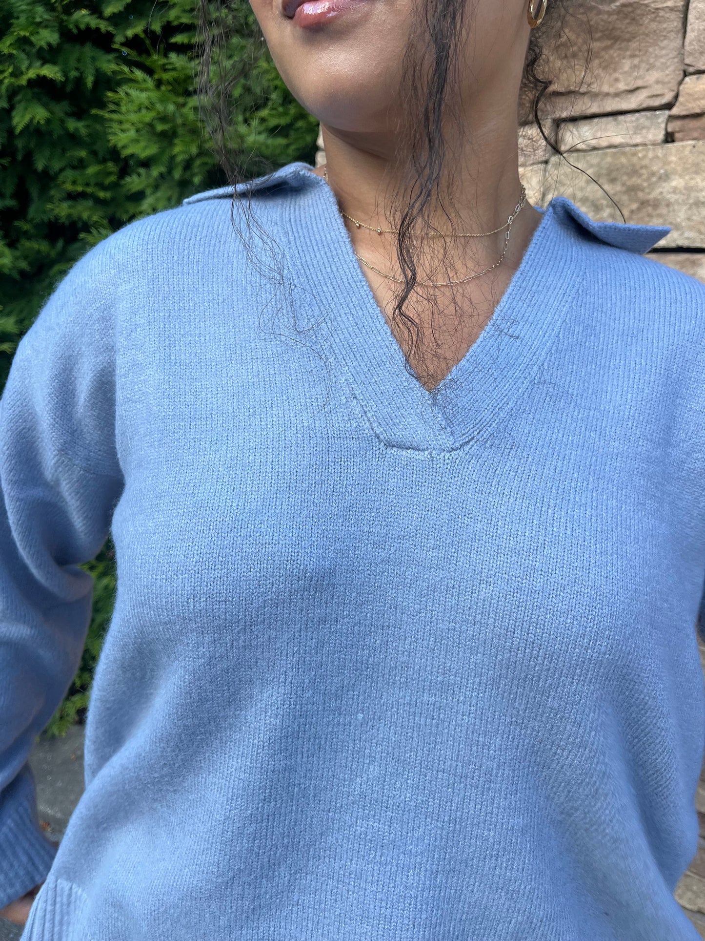 V-Neck Collared Sweater - Light Blue