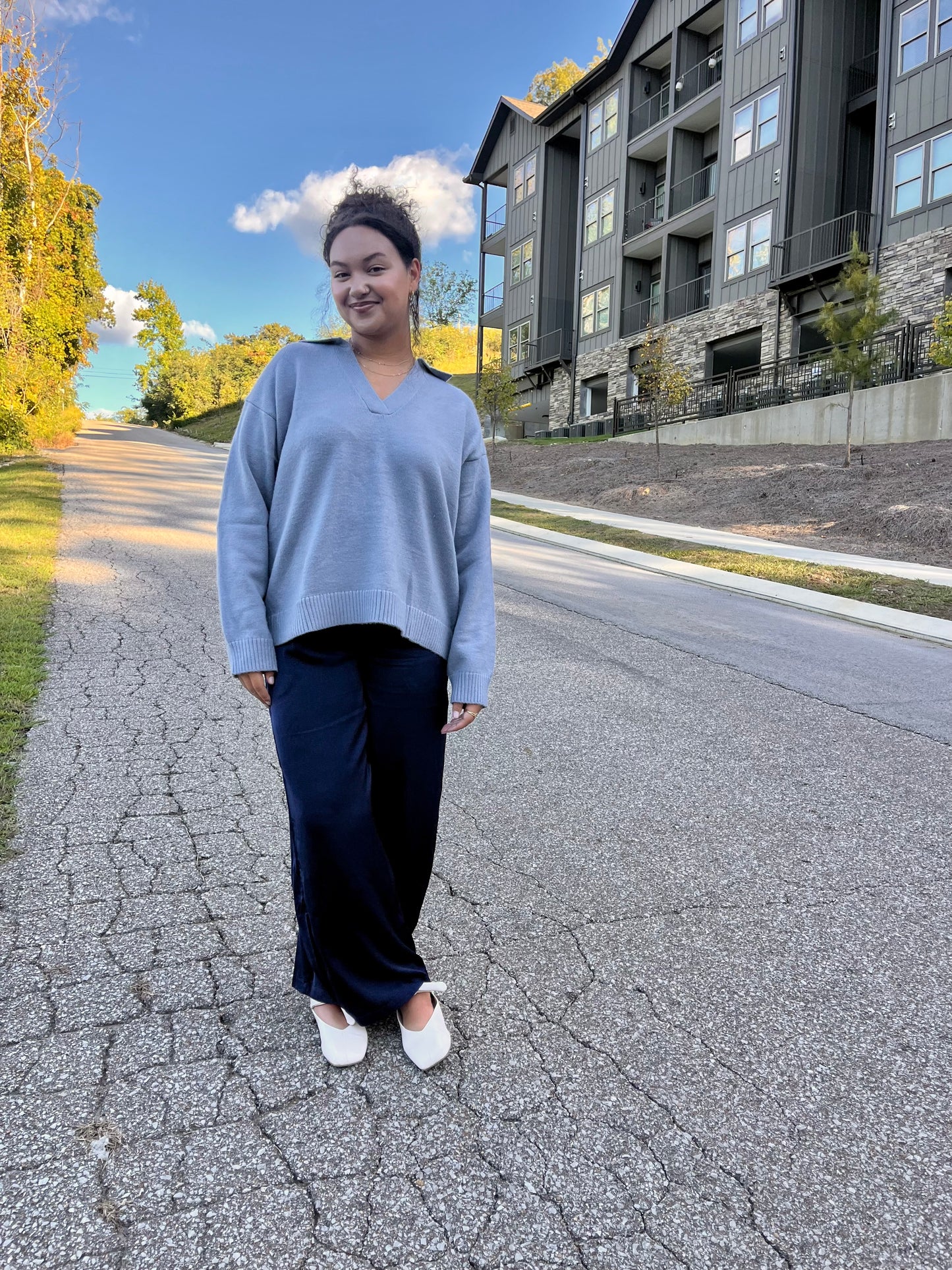 V-Neck Collared Sweater - Light Blue