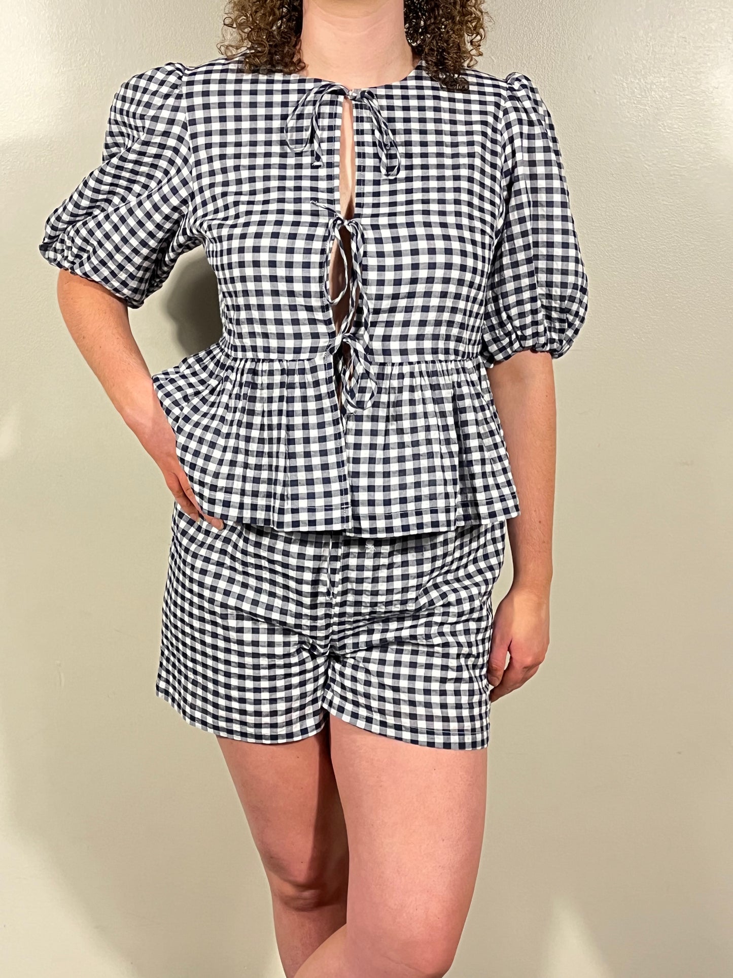 Gingham Open Front Top + Bow Shorts Set