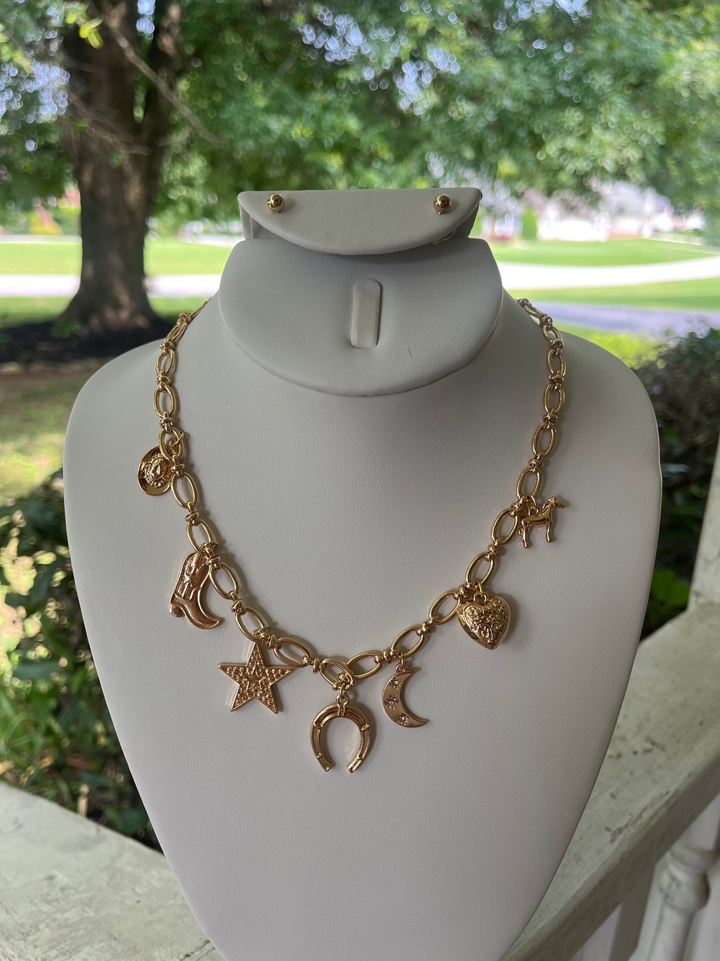 Gold Charm Necklace and Stud Earring Set