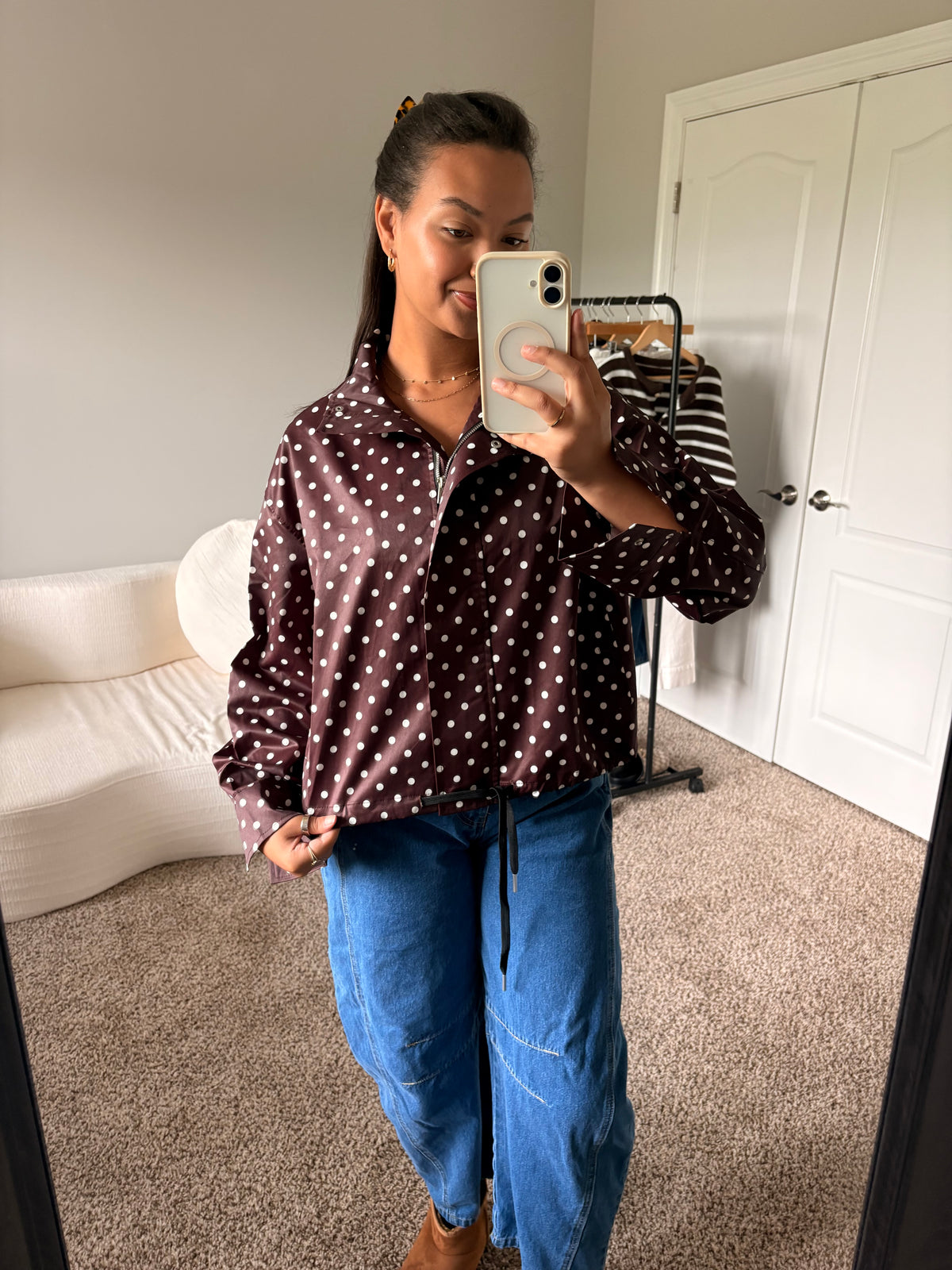 polka dot zip up jacket (brown)