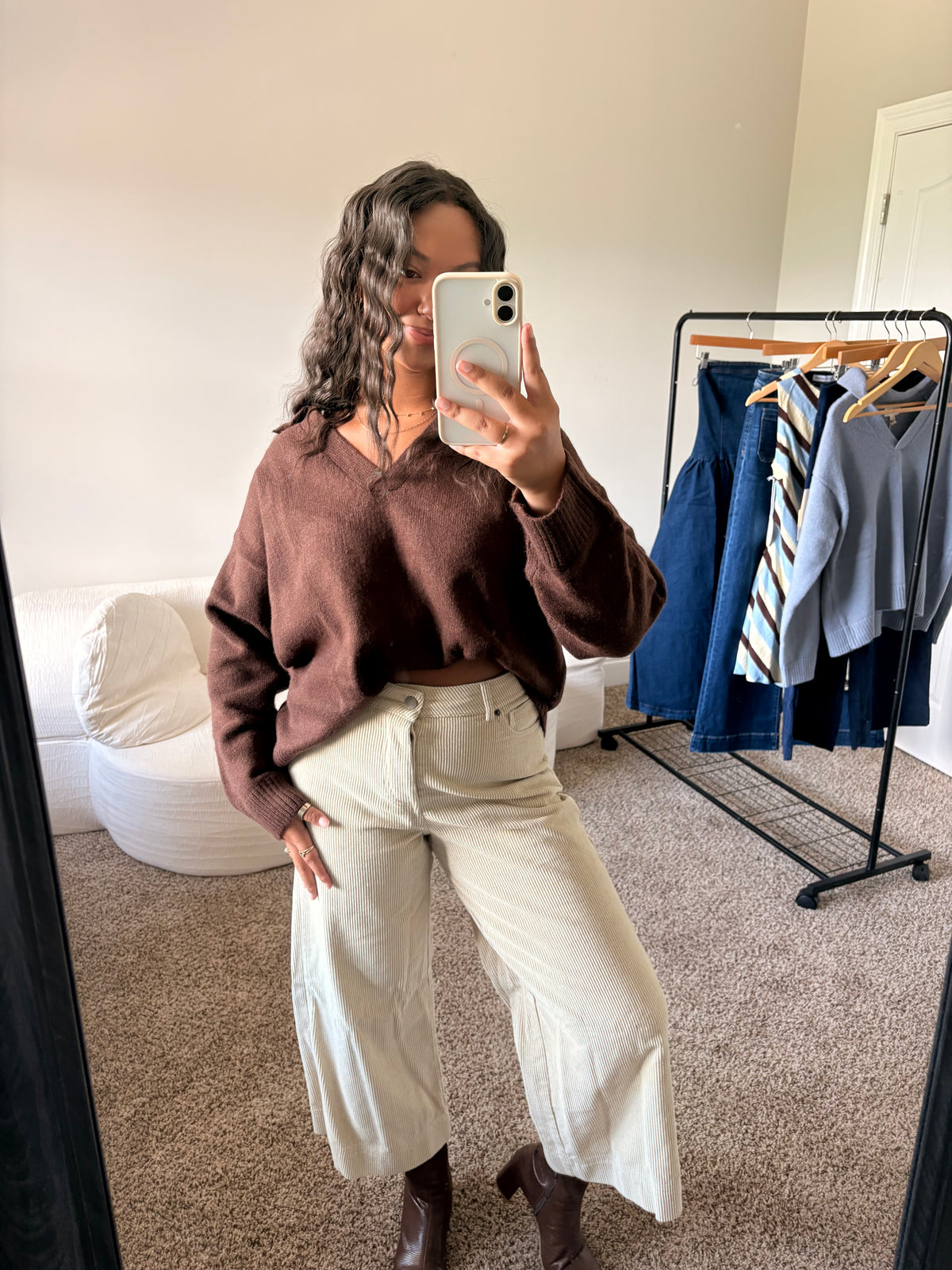 V-Neck Collared Sweater - Chocolate Brown
