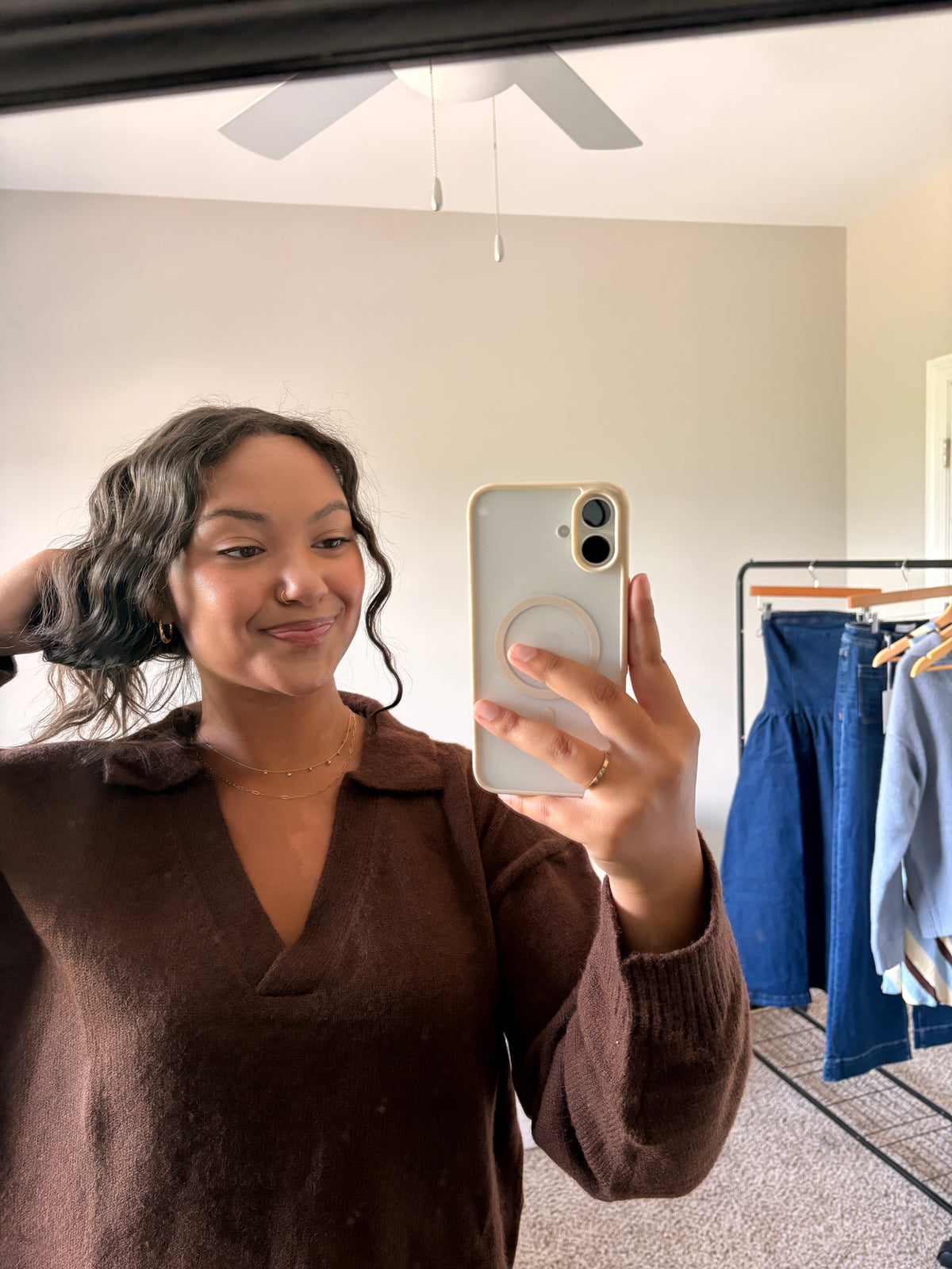 V-Neck Collared Sweater - Chocolate Brown