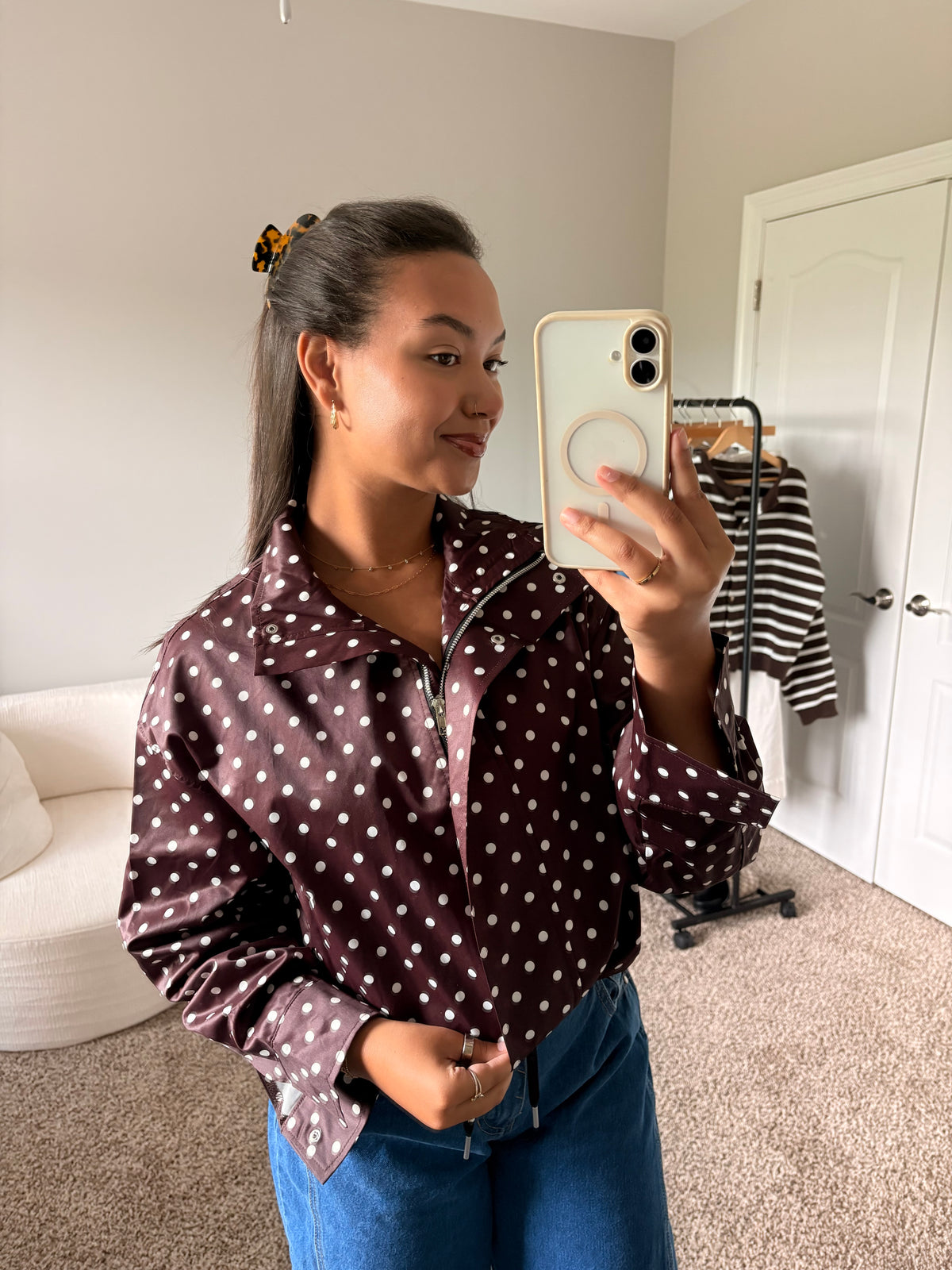polka dot zip up jacket (brown)