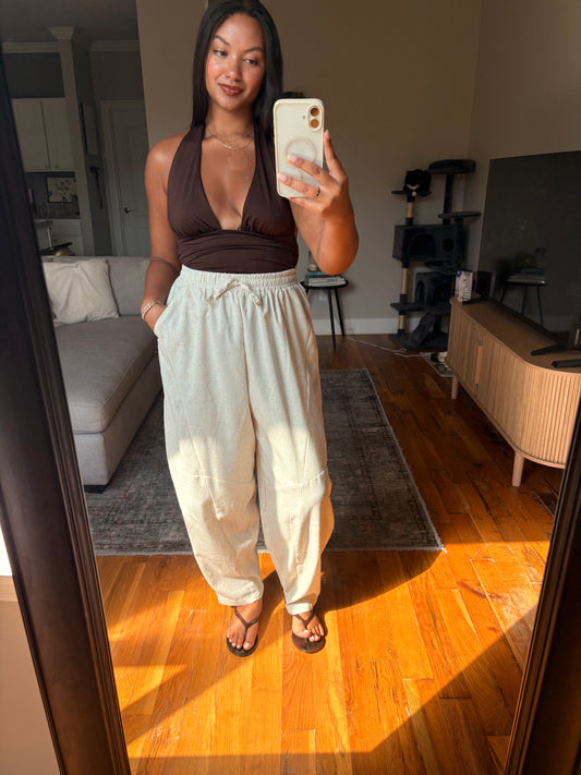oatmeal linen barrel pants