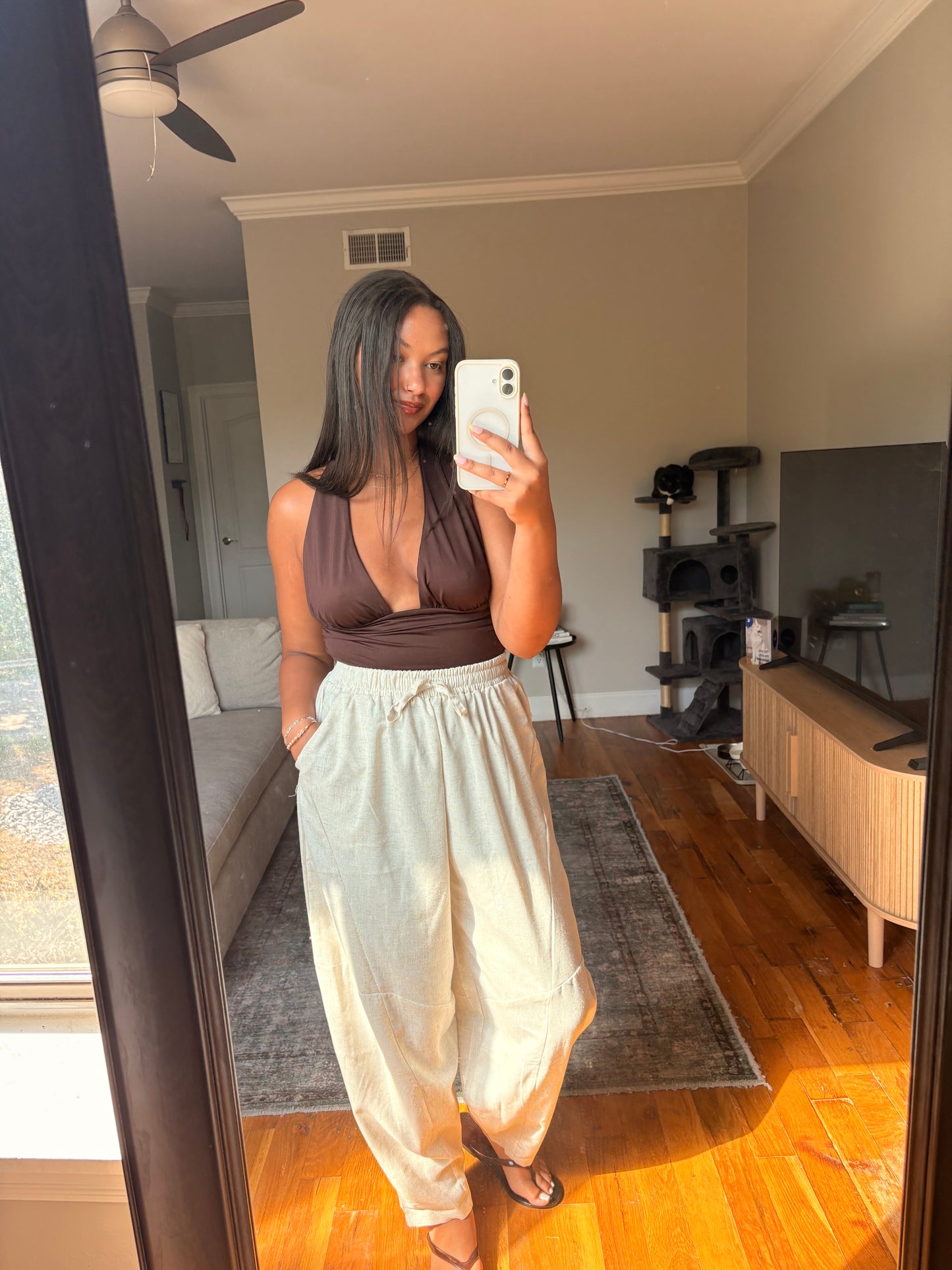 oatmeal linen barrel pants
