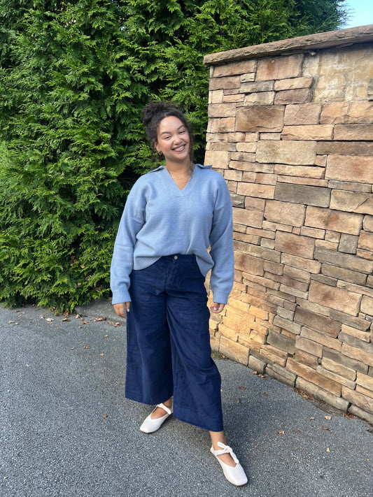 Corduroy Ankle Wide Leg Pants - Navy