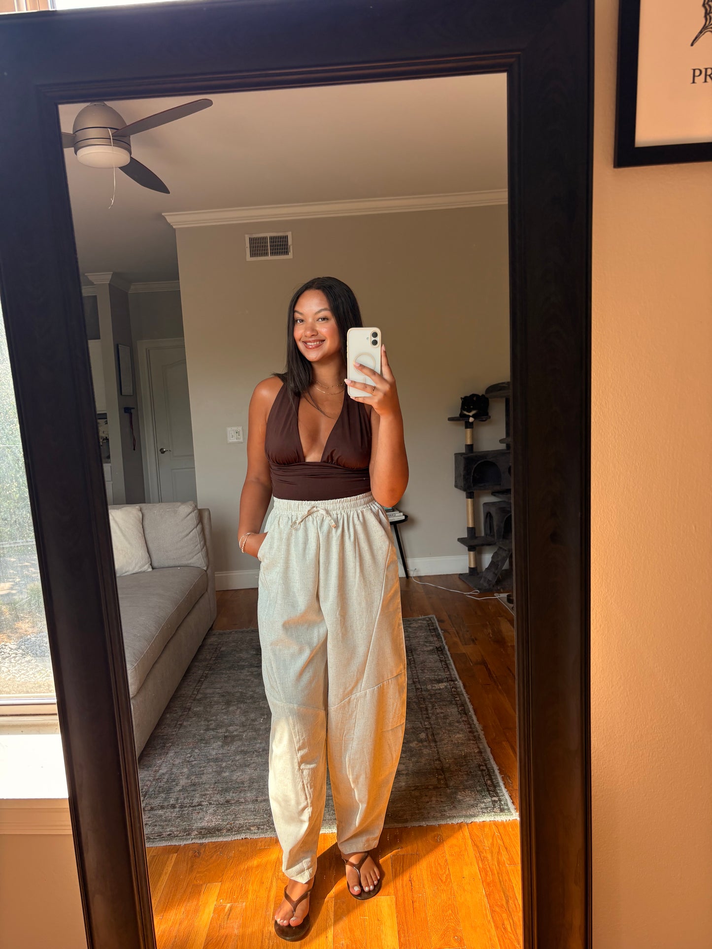 oatmeal linen barrel pants