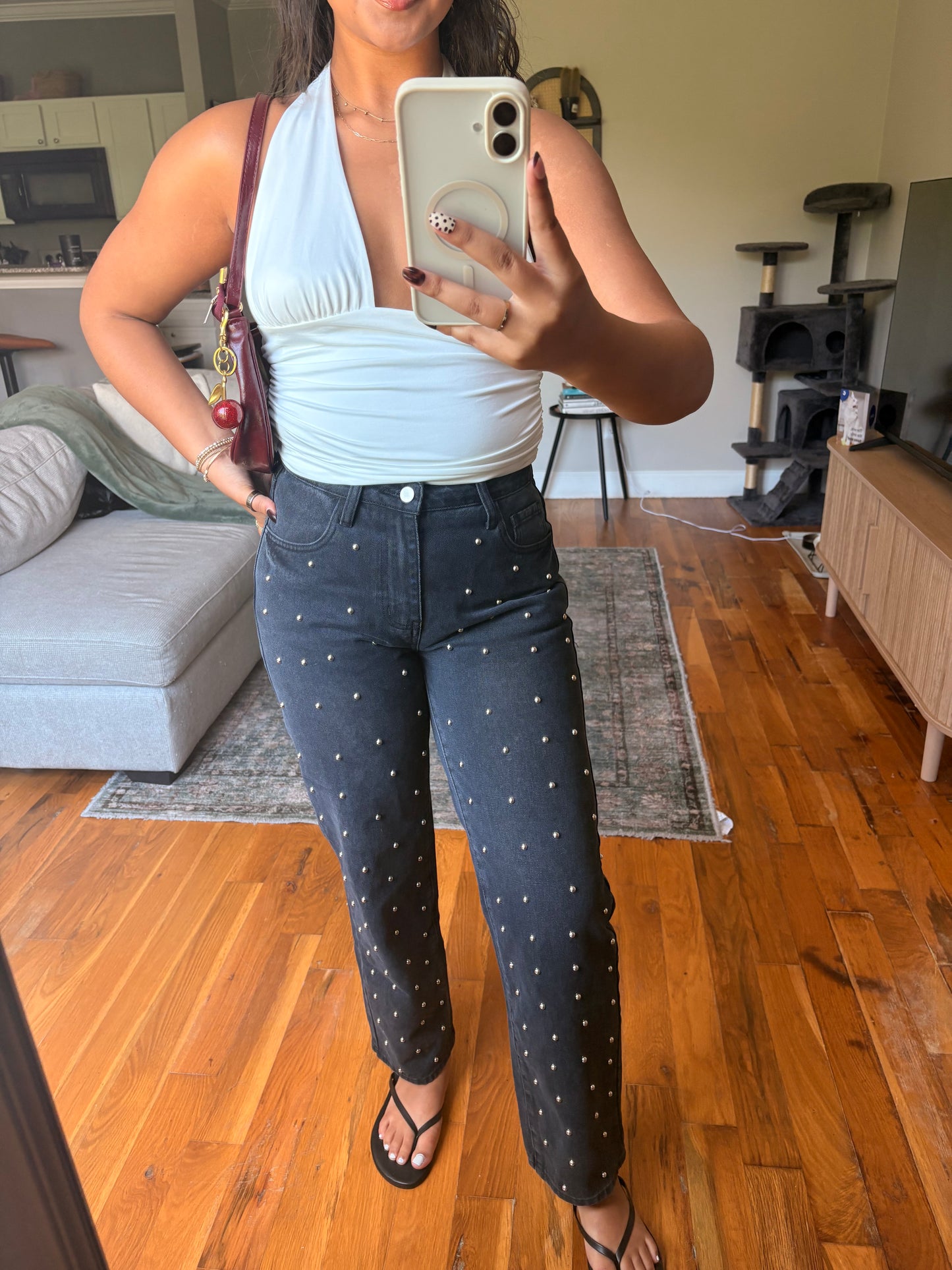 studded straight leg denim
