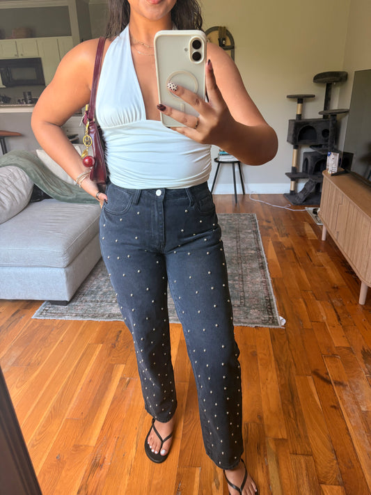 studded straight leg denim