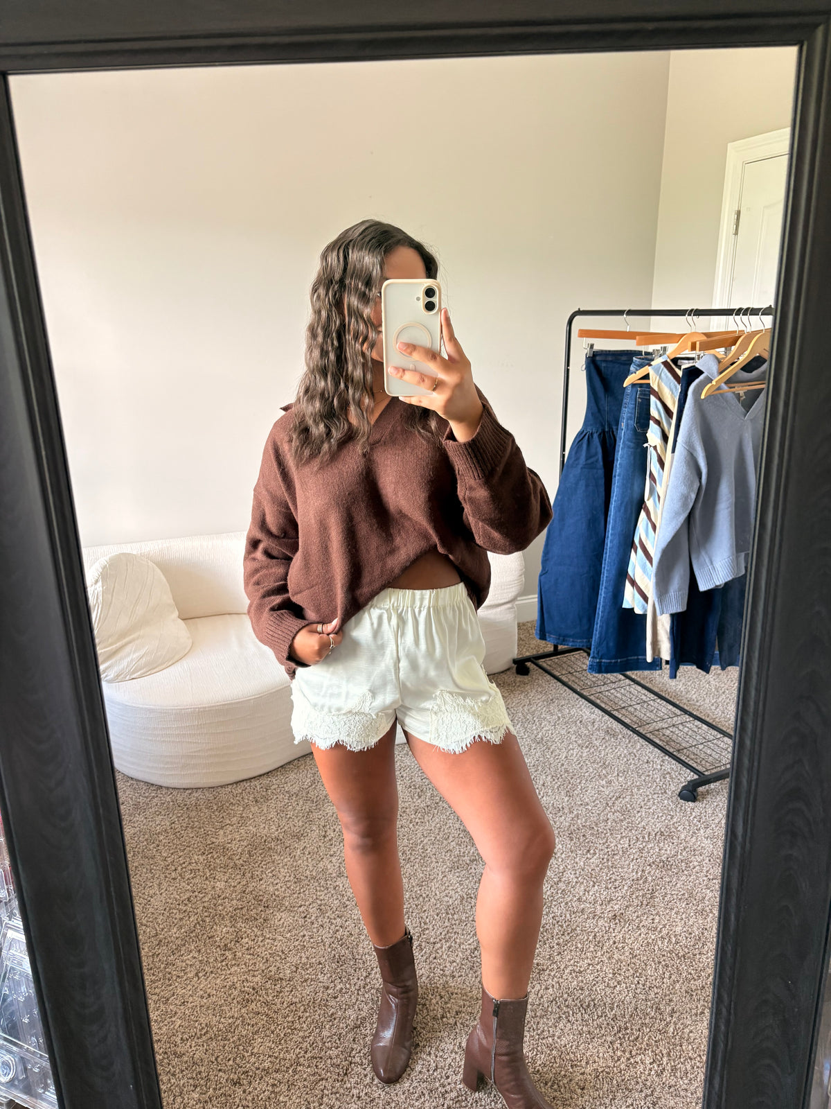 V-Neck Collared Sweater - Chocolate Brown