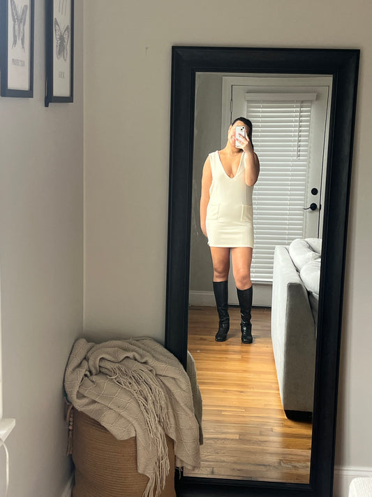 V-Neck Sweater Dress (Cream)