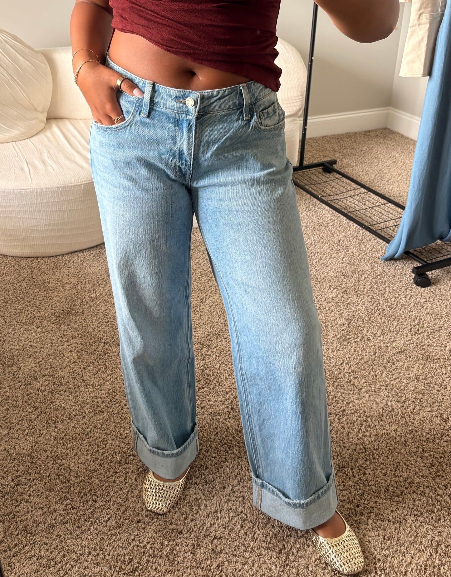 low rise cuffed baggy jeans