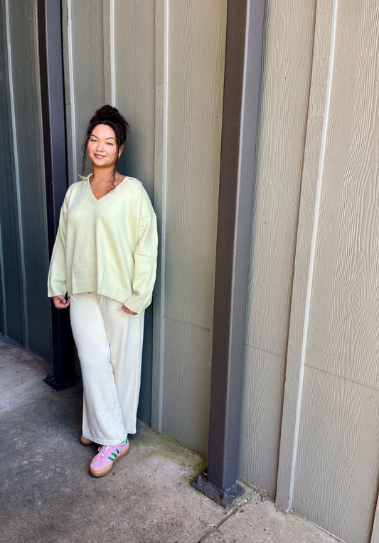 V-Neck Collared Sweater - Pale Sage