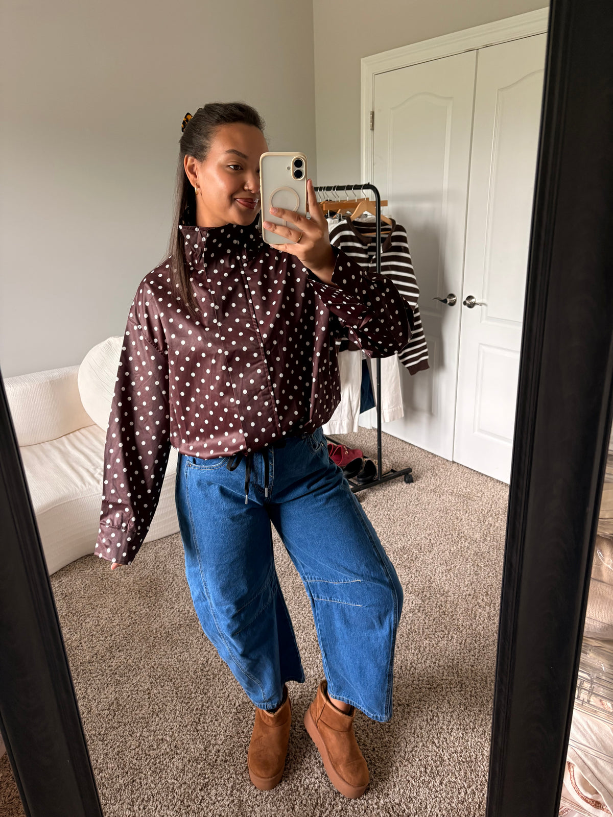 polka dot zip up jacket (brown)