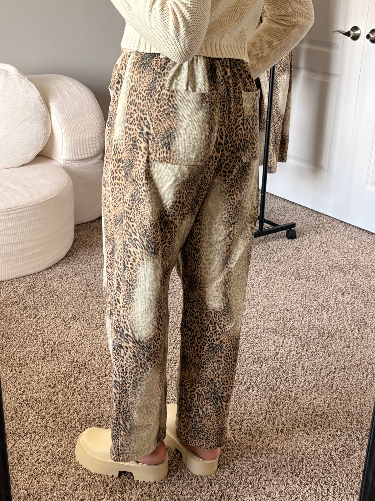 leopard print barrel jeans