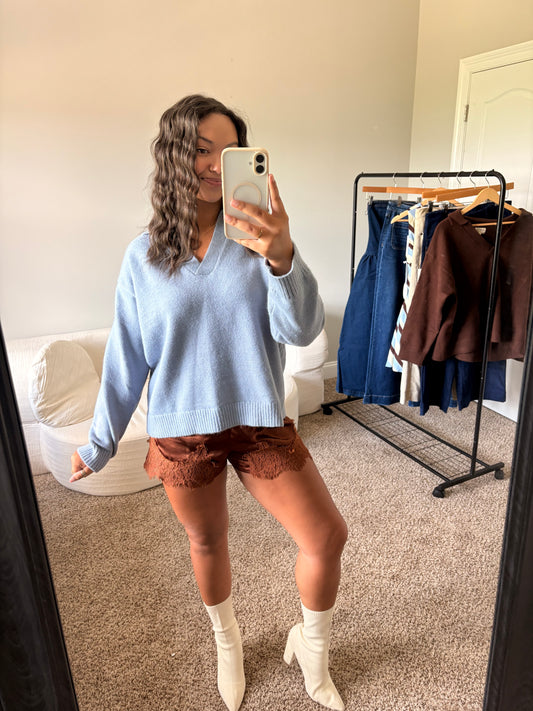 V-Neck Collared Sweater - Light Blue