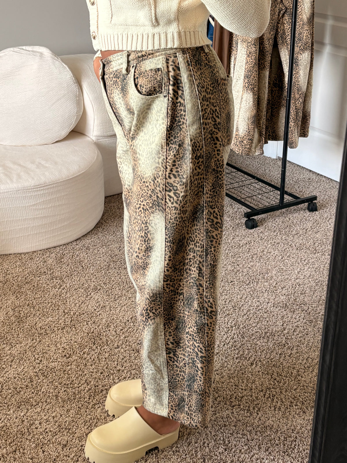 leopard print barrel jeans