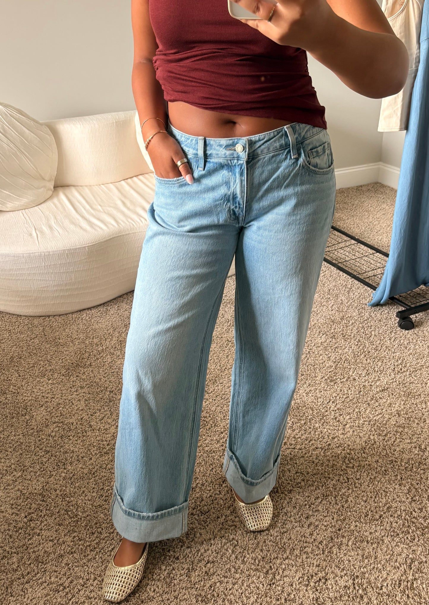 low rise cuffed baggy jeans
