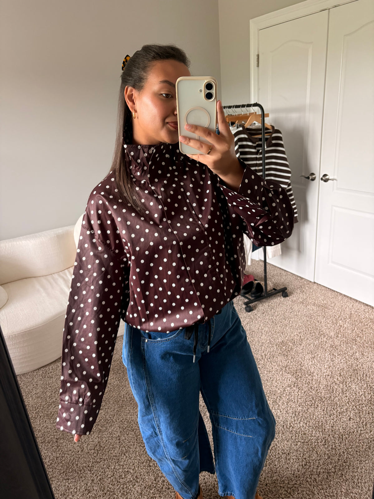 polka dot zip up jacket (brown)