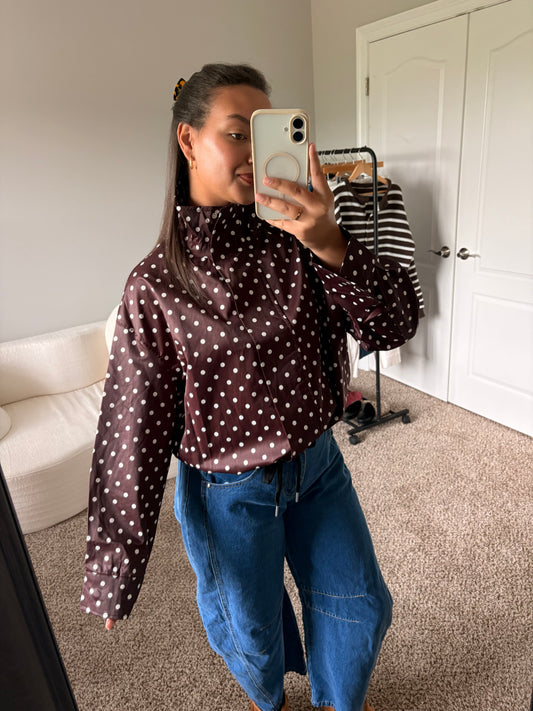 polka dot zip up jacket (brown)