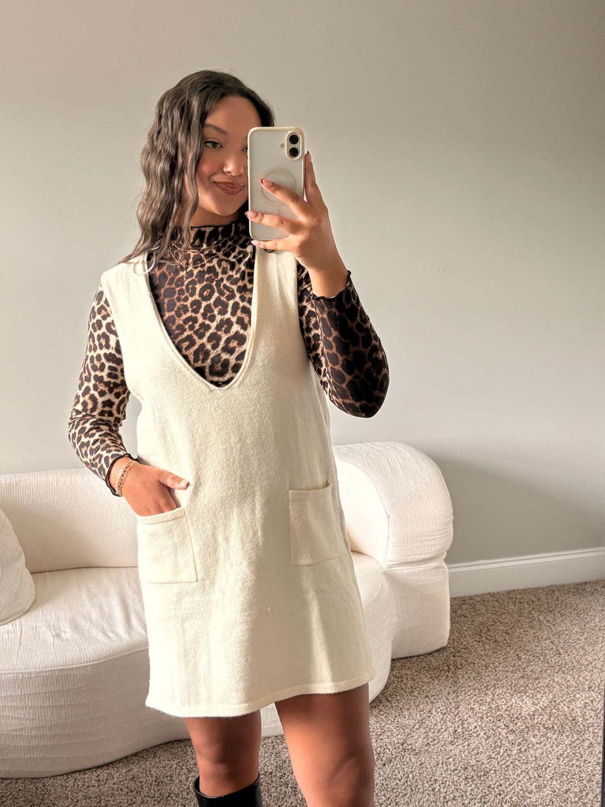V-Neck Sweater Dress (Cream)