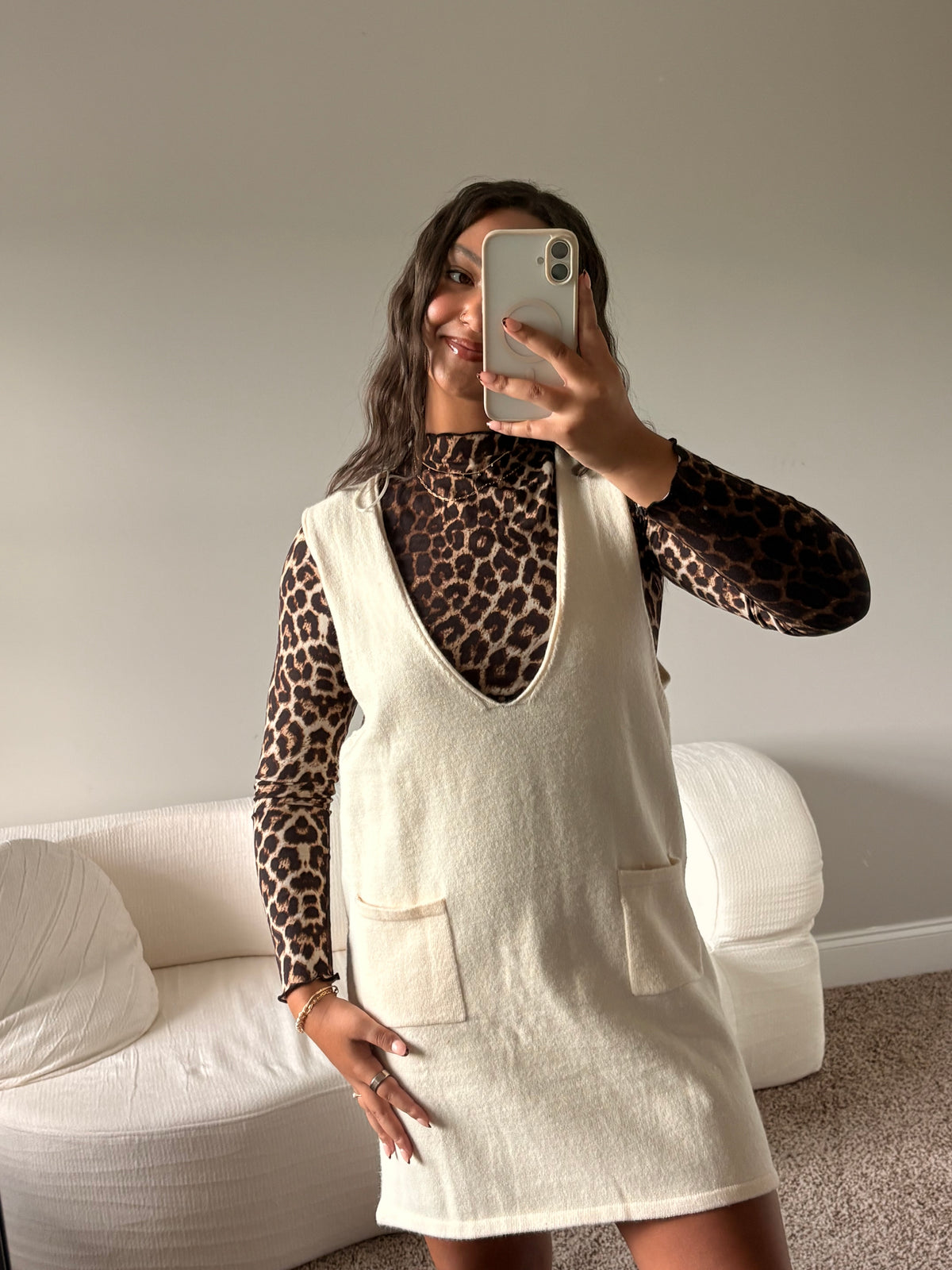 V-Neck Sweater Dress (Cream)