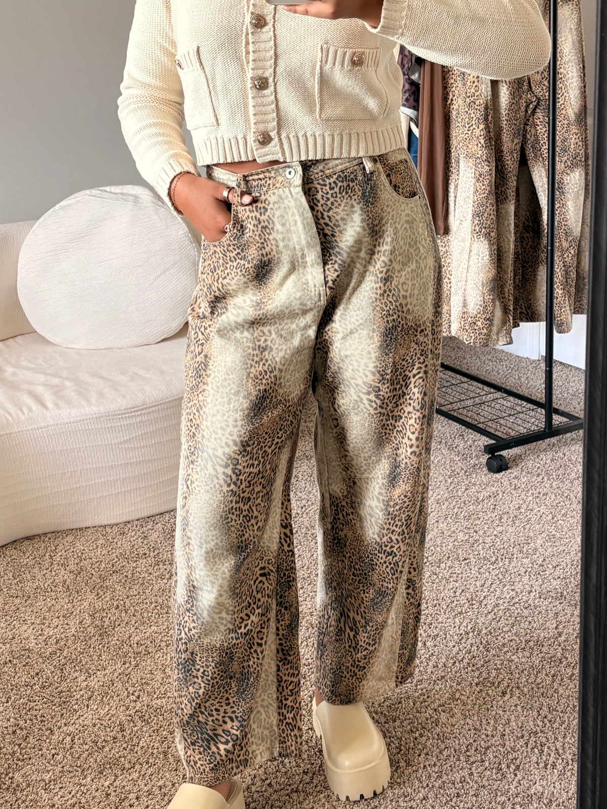 leopard print barrel jeans