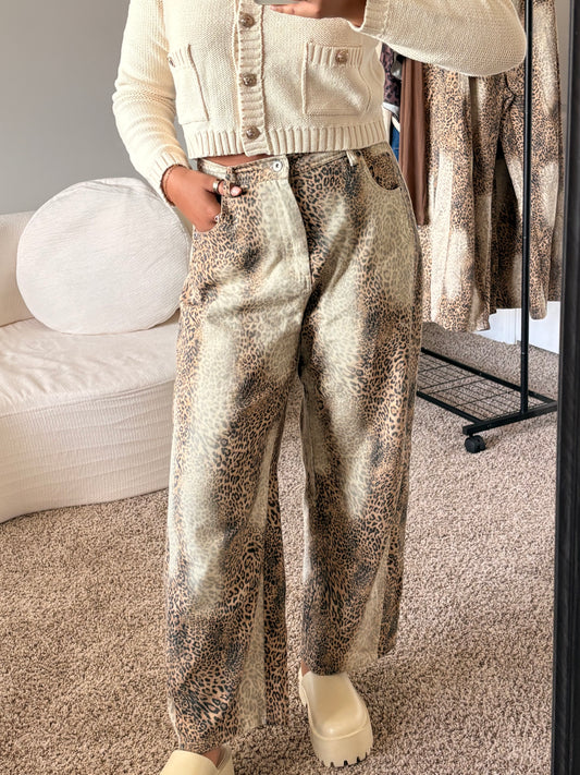 leopard print barrel jeans
