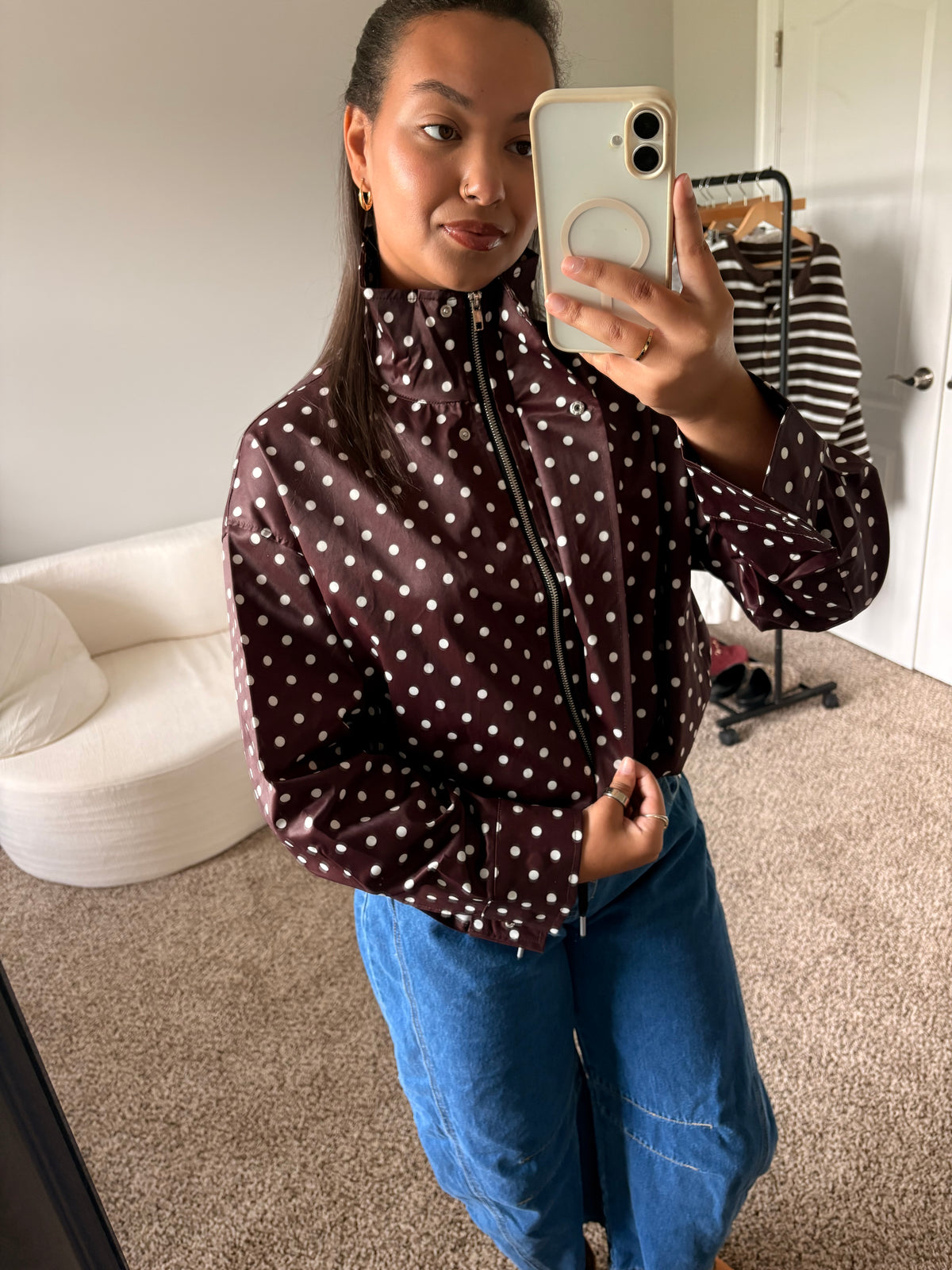 polka dot zip up jacket (brown)