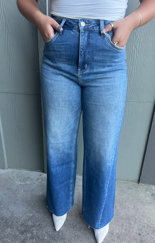 High Rise Wide Leg Denim Jeans - Medium Blue
