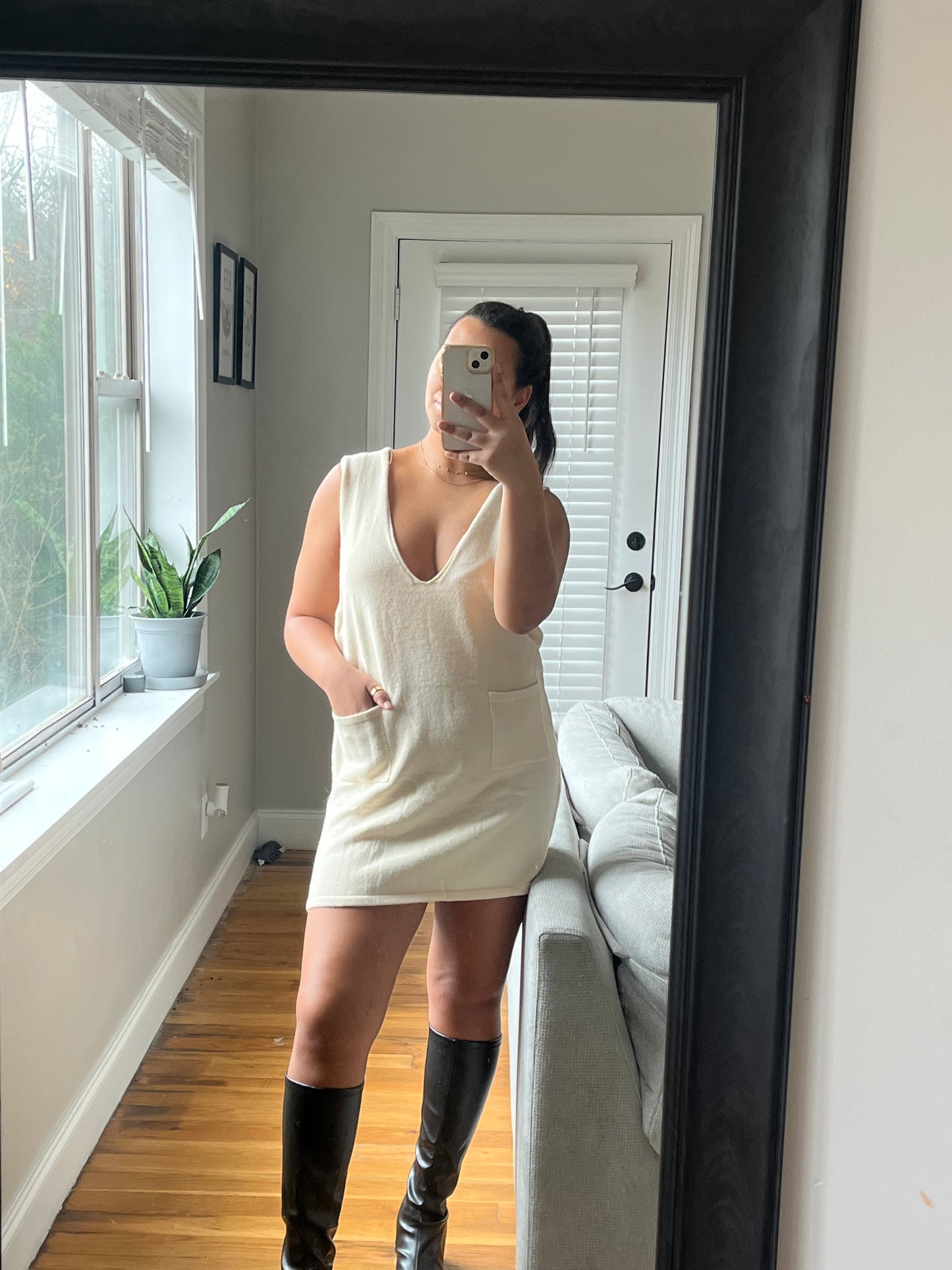 V-Neck Sweater Dress (Cream)