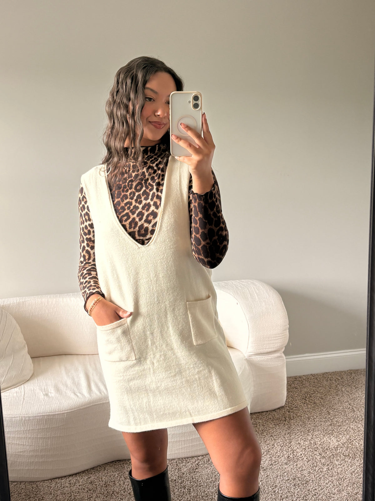 V-Neck Sweater Dress (Cream)