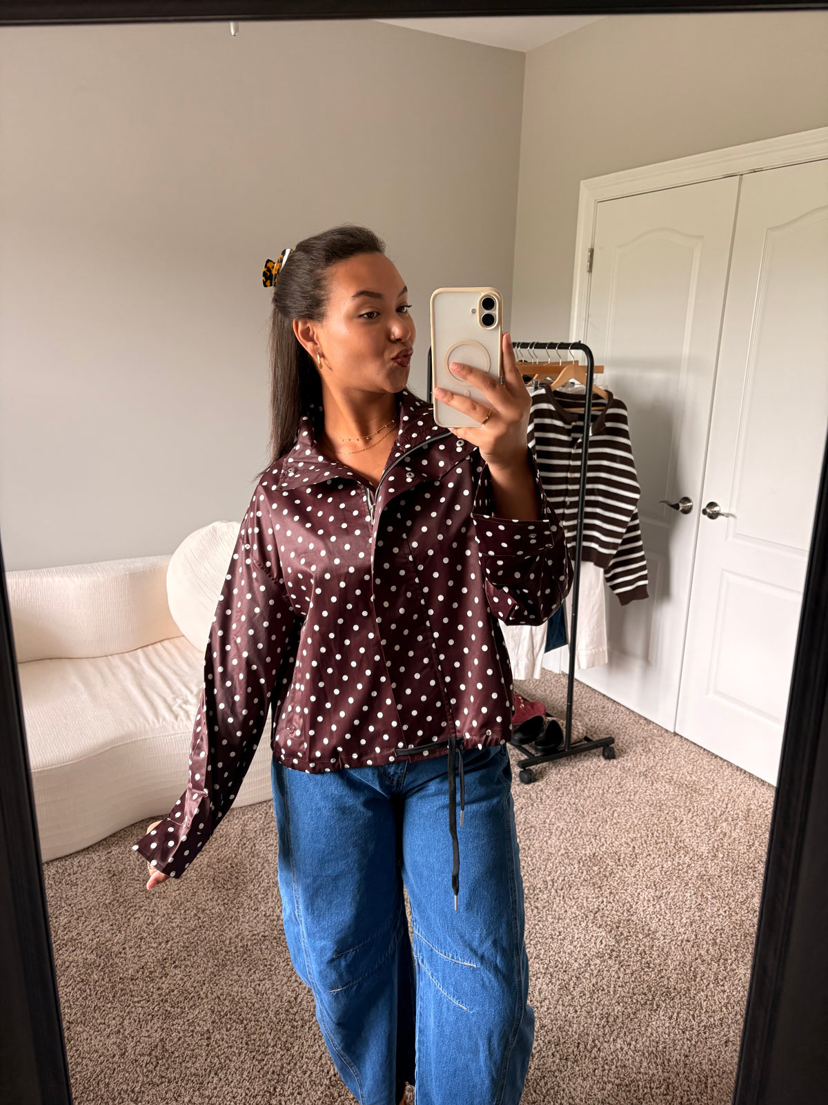 polka dot zip up jacket (brown)