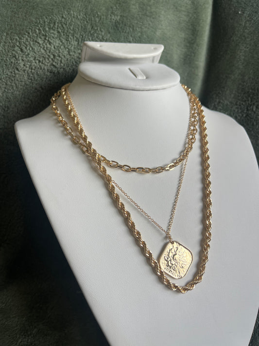Flower Coin + Chain Link Layer Necklace