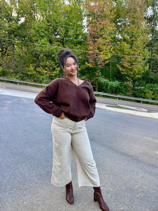 V-Neck Collared Sweater - Chocolate Brown