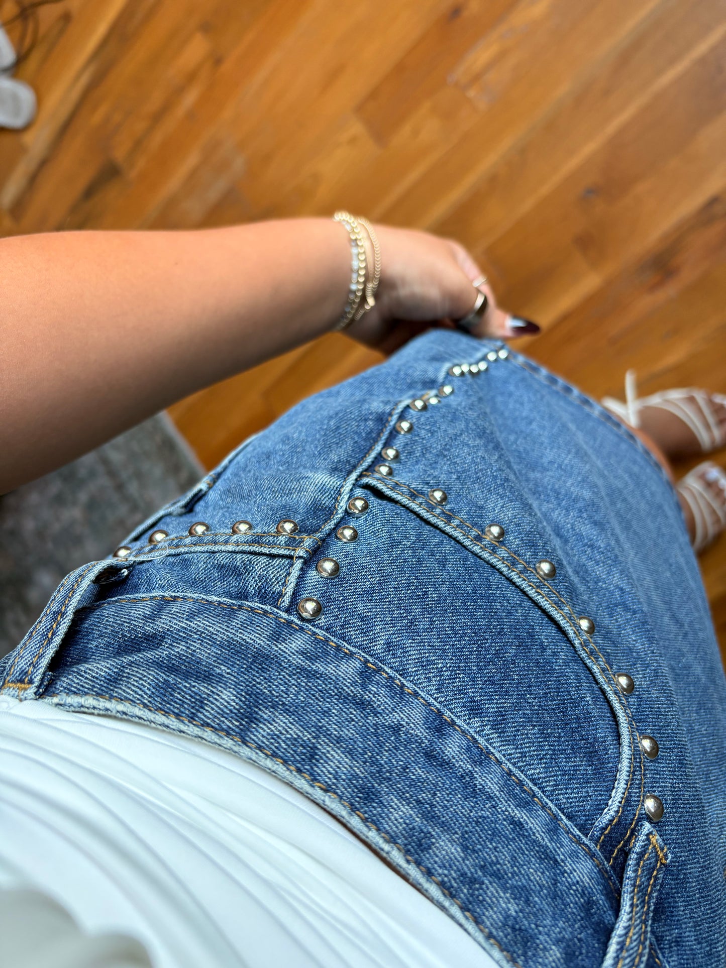 studded edge denim mini