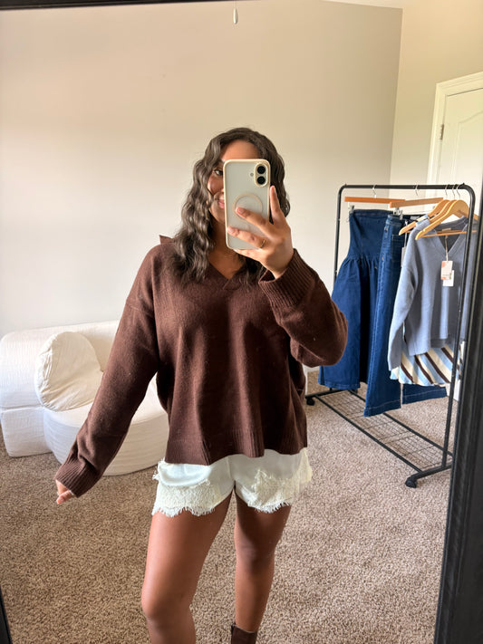 V-Neck Collared Sweater - Chocolate Brown