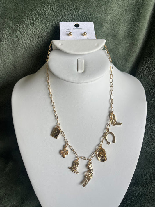 Western Style Charm Necklace + Stud Earrings Set